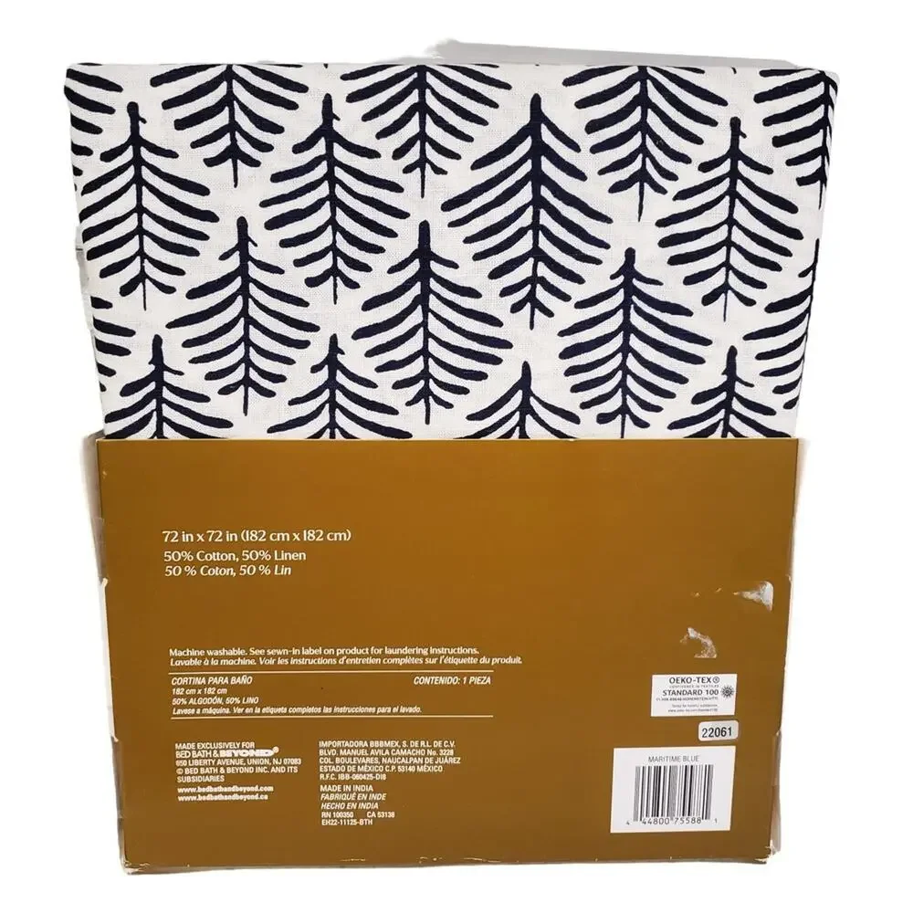 Linen Shower Curtain Everhome Henley Leaf Print Maritime Blue 72 x 72 Shower